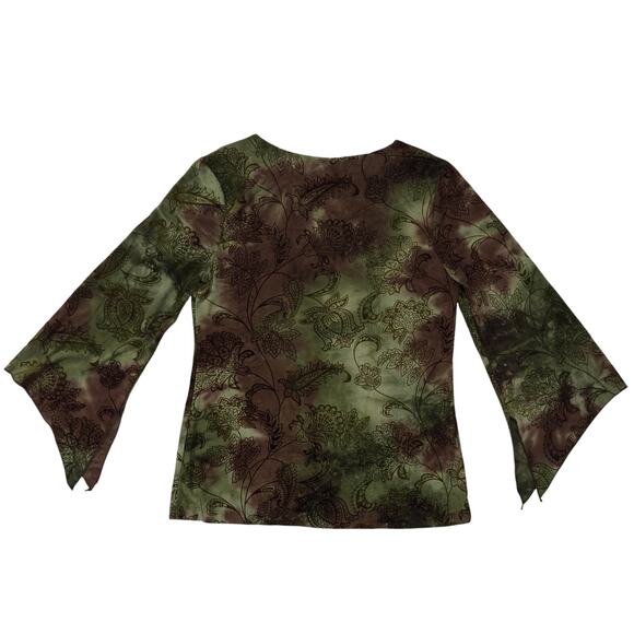 Y2K Sami Jo Womens Blouse Medium Green Brown Velvet Burnout Crystals Fairygrunge - Picture 7 of 10